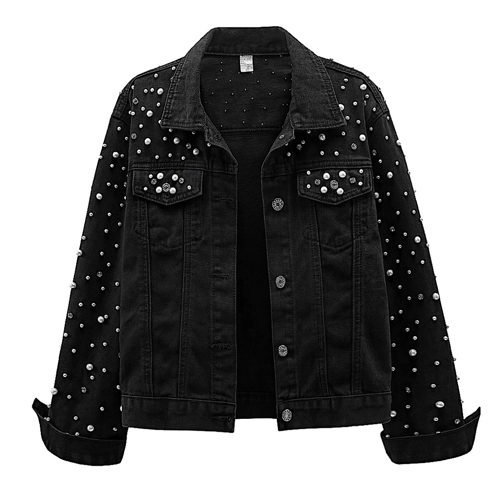 Black Pearl-Embellished Jean Jacket
